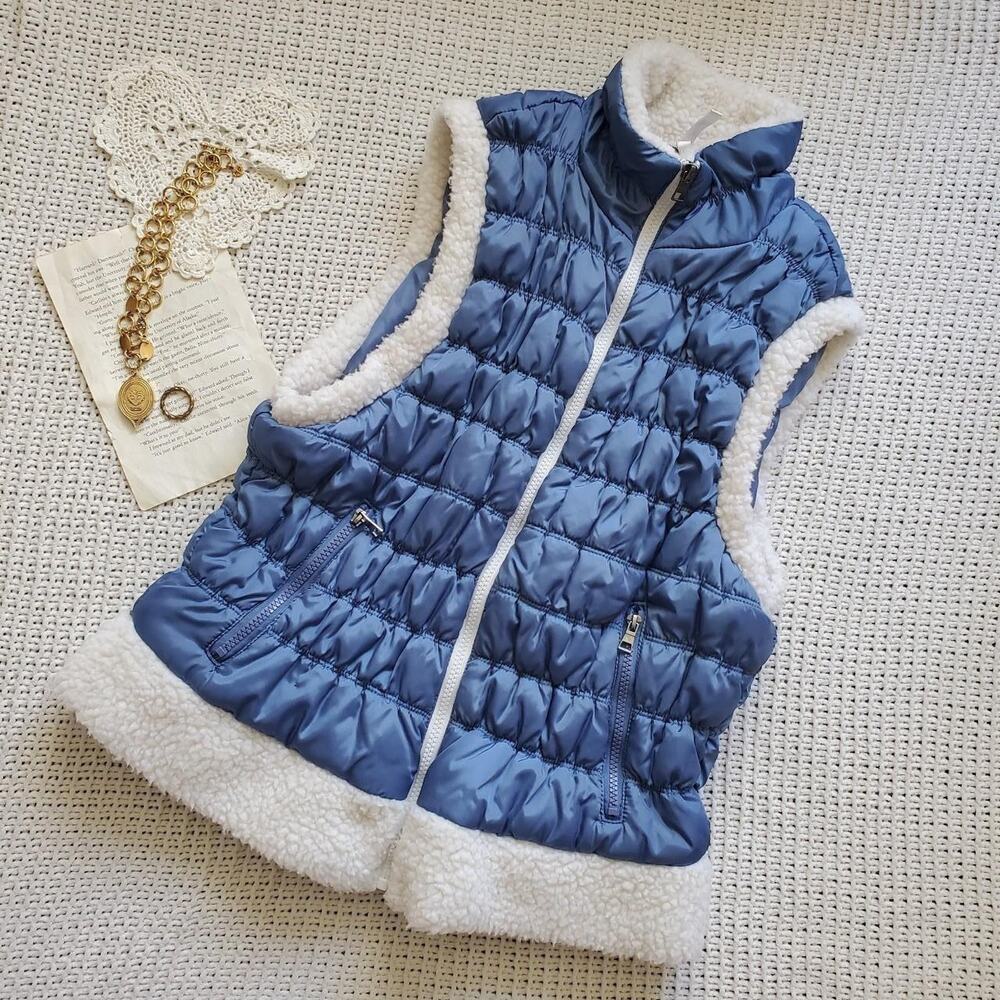 Blue and white zip up shearling lined vest
